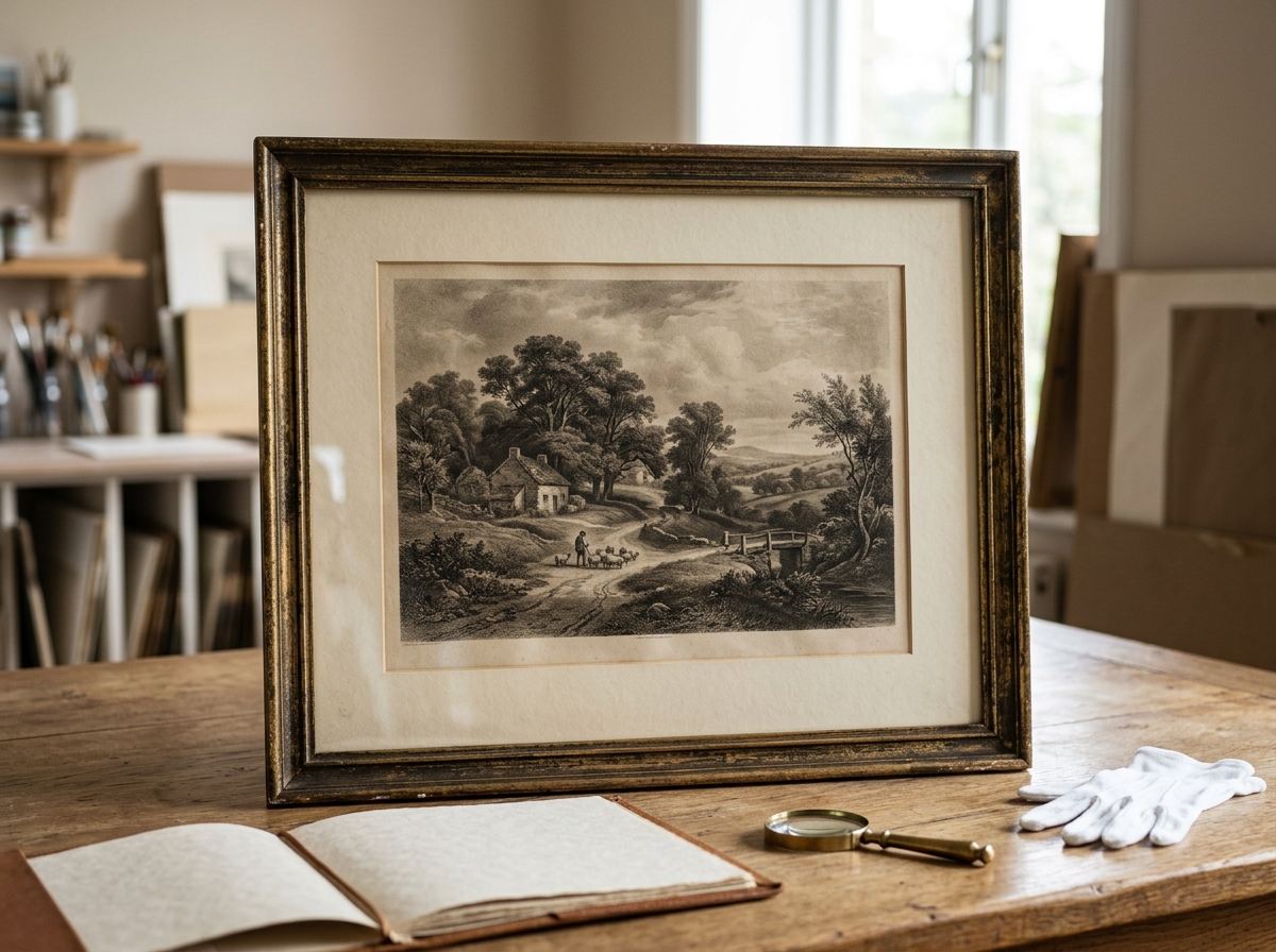 After George Heming Mason lithograph reference with print type, paper, edition clues, signature, framing, and condition