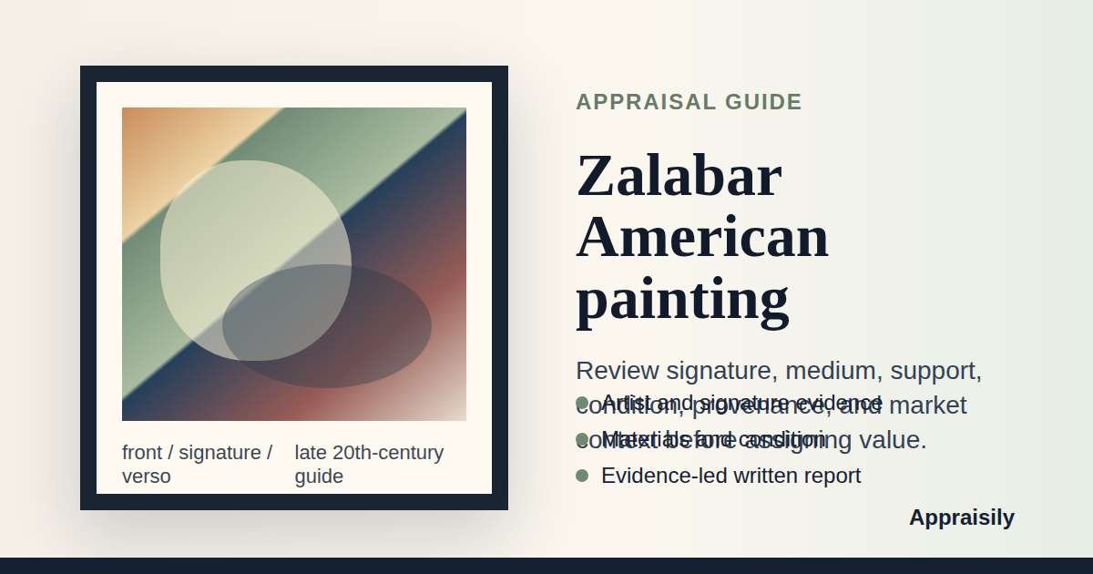 Zalabar American painting reference with signature evidence, medium, subject, condition, provenance, and market context