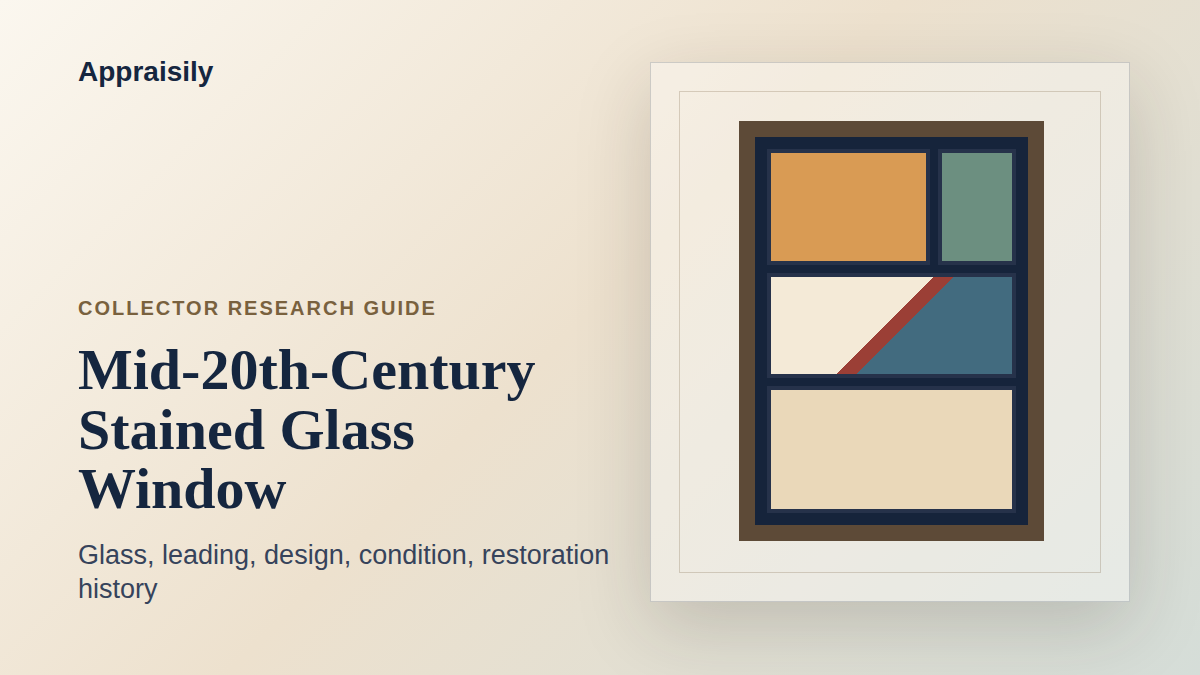 Mid-20th-century stained glass window reference with glass type, leading, design, condition, installation history, restoration, and market context