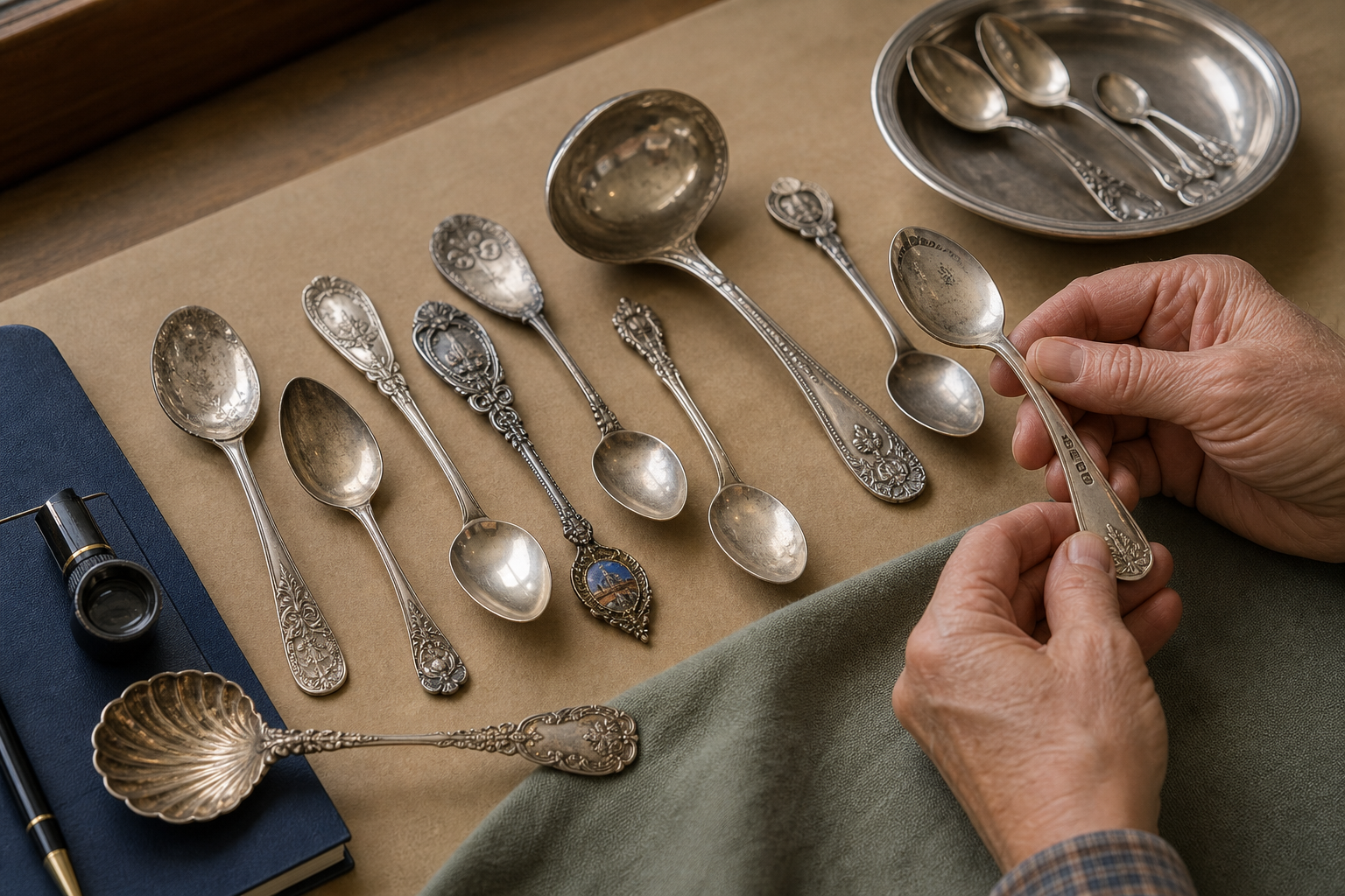 Antique old spoon identification reference with metal, hallmarks, maker, pattern, monogram, bowl wear, handle form, and repairs