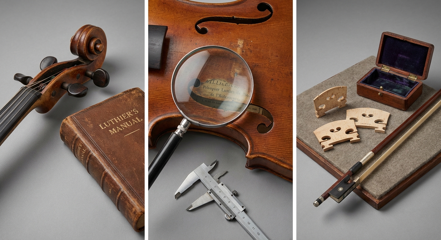 Instrument appraisal services reference with maker label, serial number, model, materials, repairs, case, condition, and provenance