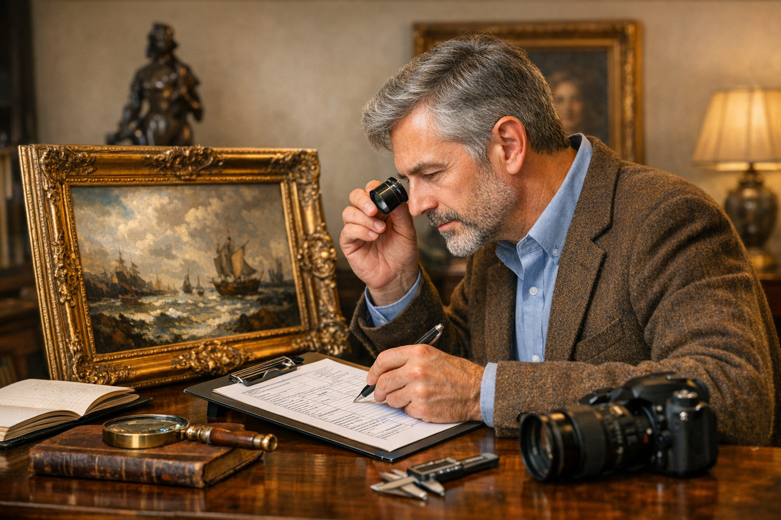 Artwork appraisal services reference with artist clues, medium, dimensions, condition, labels, documents, and report use