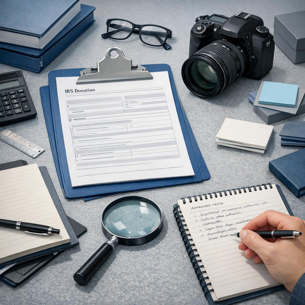 IRS Form 8283 appraisal preparation with donated property records, fair market value, qualified appraisal requirements, appraiser credentials, timing, photos, and support documents