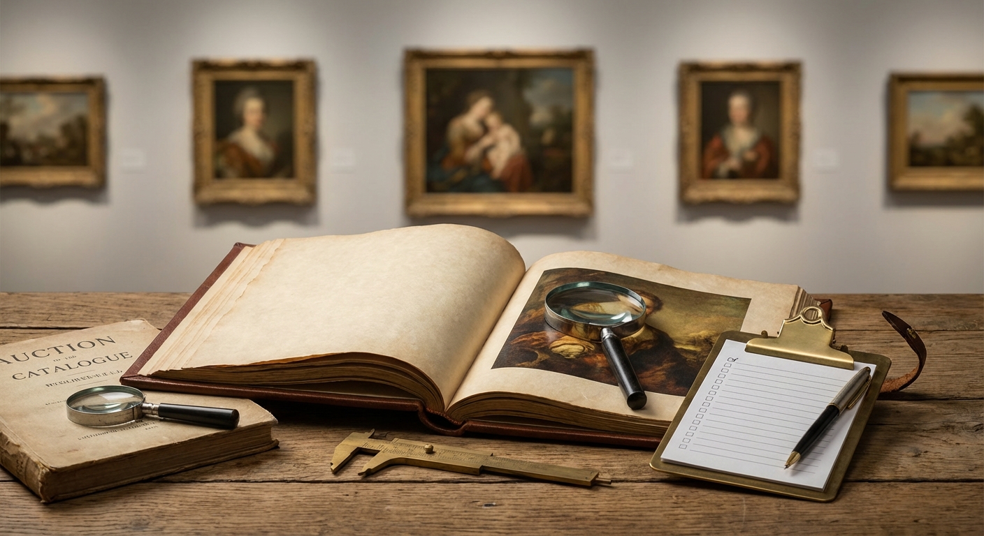 Reference image for documenting vintage print appraisal factors including signature, edition, paper, image size, plate marks, frame, condition, provenance, and print type