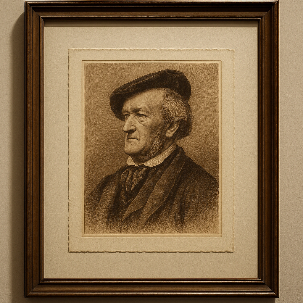 Reference image for documenting a Richard Wagner silk etching portrait, including print process, signature or edition marks, fabric or paper support, image size, labels, condition, and framing
