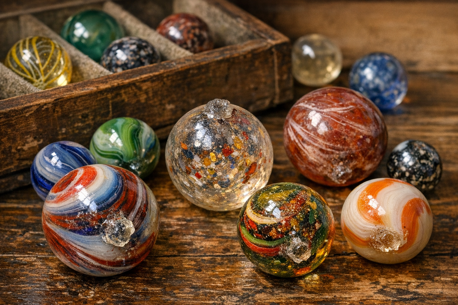 Reference image for documenting antique marble identification factors including glass type, pontil marks, swirl pattern, color, size, maker clues, surface wear, chips, rarity, and comparable sales