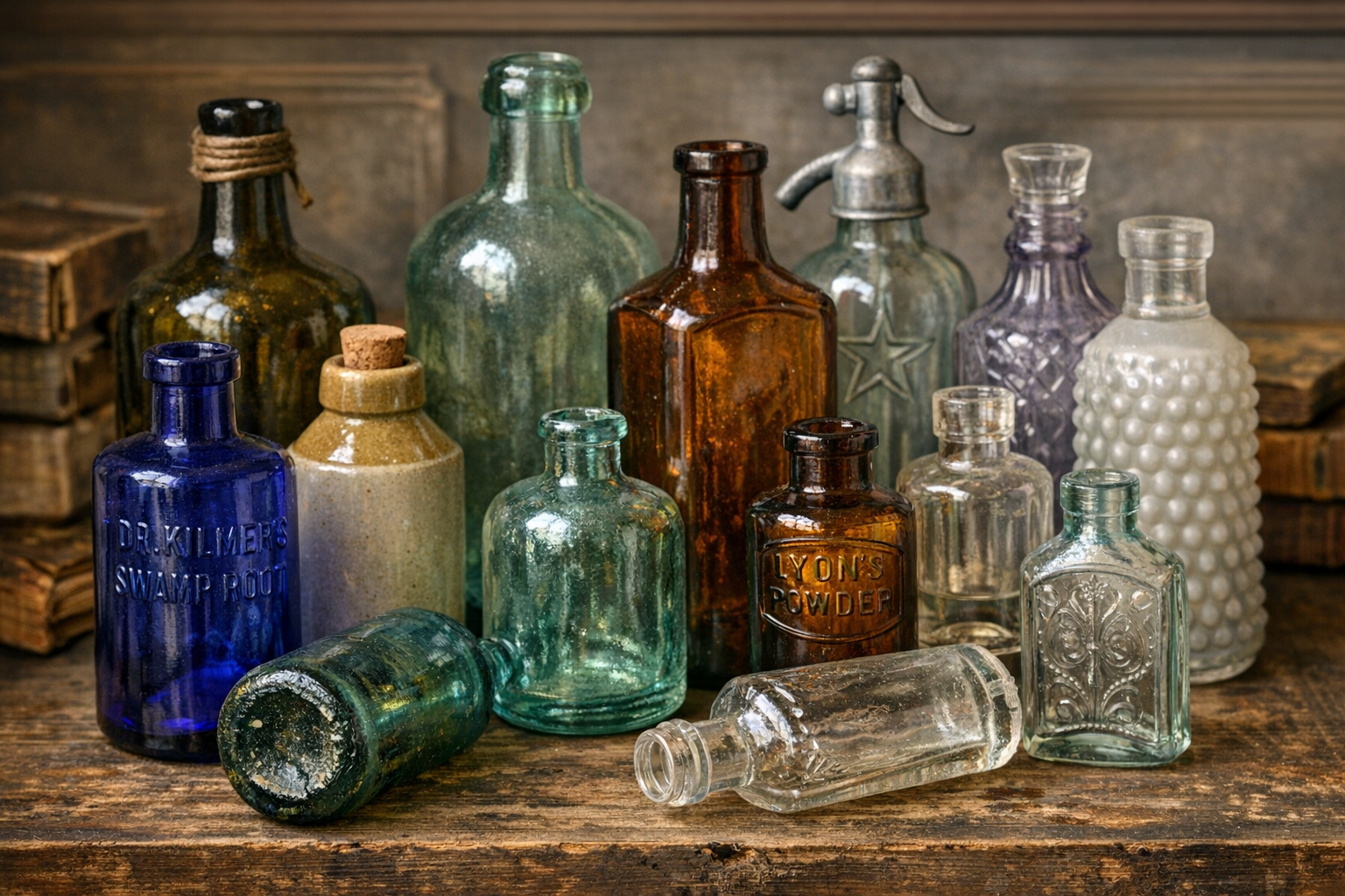 Reference image for documenting old bottle identification marks including base logos, mold numbers, pontil scars, seams, embossing, glass color, closure, shape, wear, and condition