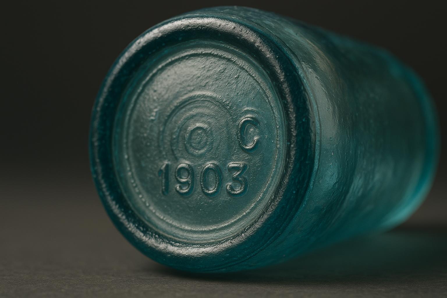 Reference image for documenting antique glass bottle bottom marks including logos, mold numbers, date codes, pontil scars, seams, base wear, color, embossing, damage, and condition