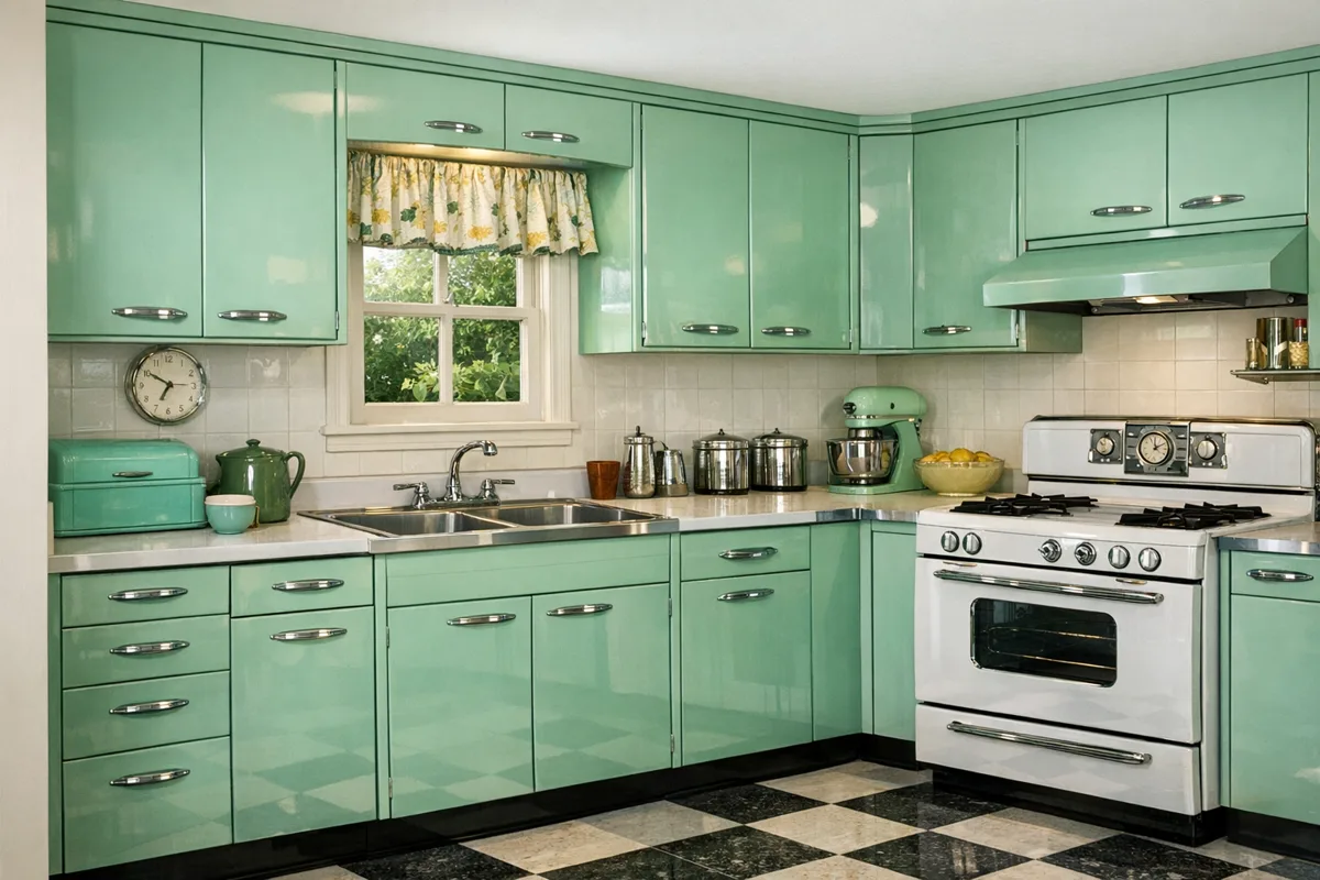 Reference image for old metal kitchen cabinets value including brand, model, hardware, finish, enamel, shelves, rust, dents, completeness, layout, repairs, and condition