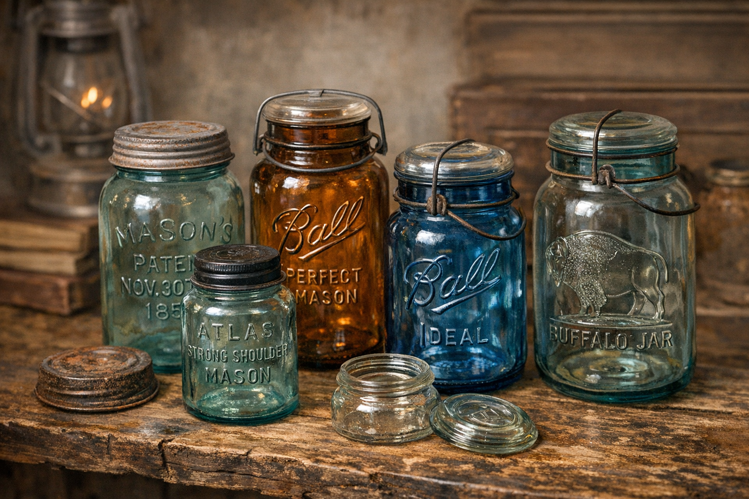 Reference image for old Mason jars value including Ball or Atlas logos, jar color, embossing, closure, mold seams, size, chips, photos, and condition