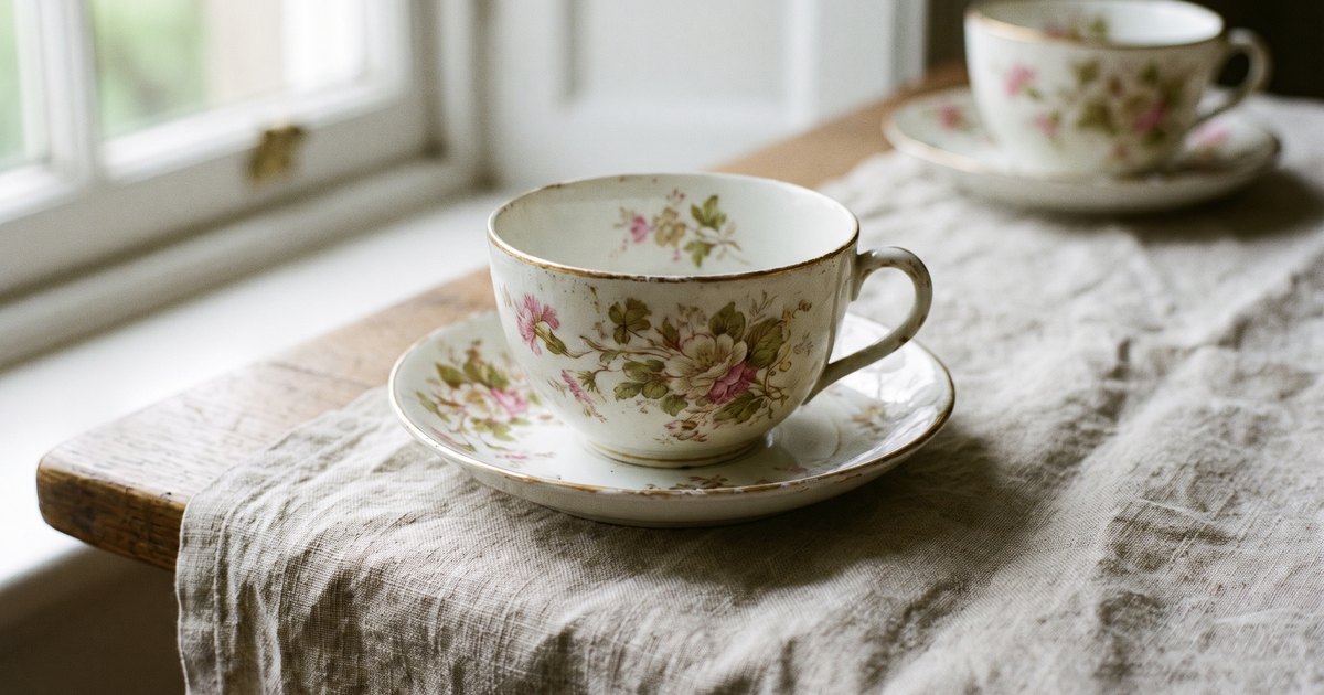 Antique porcelain tea cup and saucer with a floral spray and gold rim
