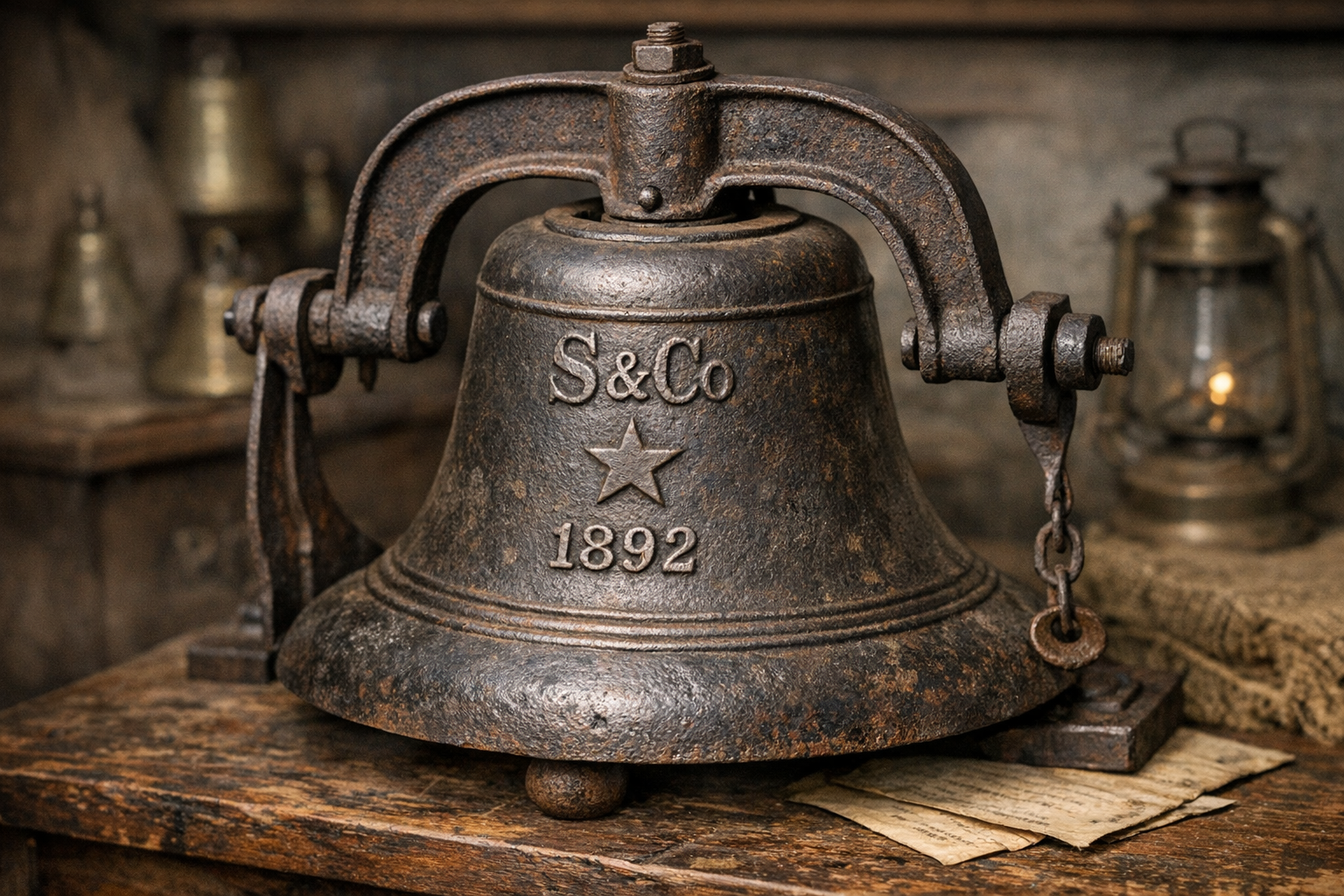 Reference image for antique cast iron bells value including yoke, mount, foundry marks, size, clapper, paint, rust, photos, dimensions, and condition