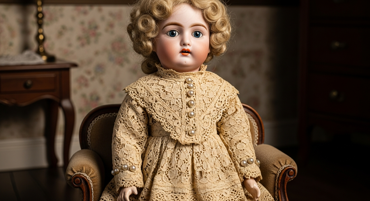 Antique porcelain doll with lace clothing, curled wig, painted features, hands, body, and condition details for valuation documentation