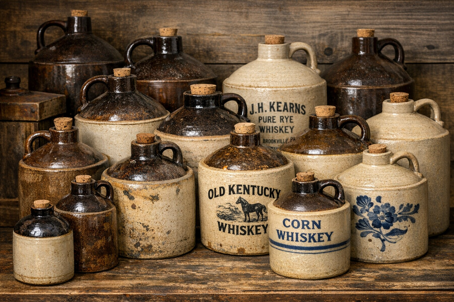 Old whiskey jug value reference with stoneware form, maker or merchant marks, glaze, stamp, size, chips, cracks, repairs, photos, and condition