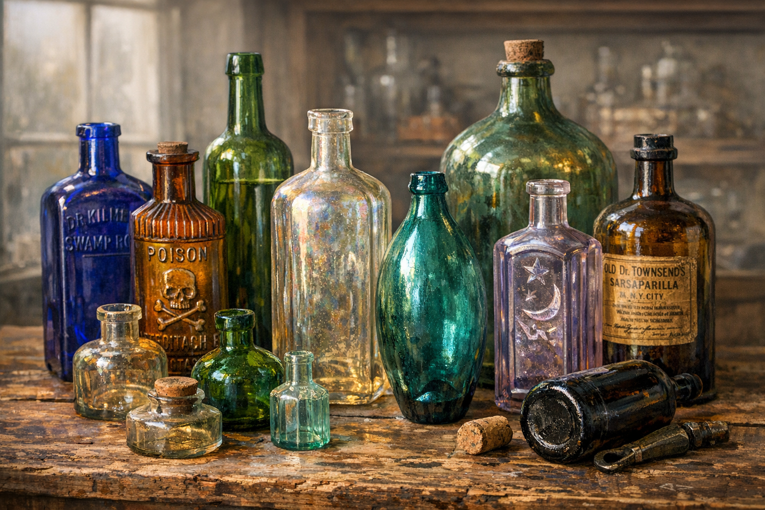 Old bottle value reference with color, mold seams, pontil or base marks, embossing, shape, category, chips, haze, photos, and condition