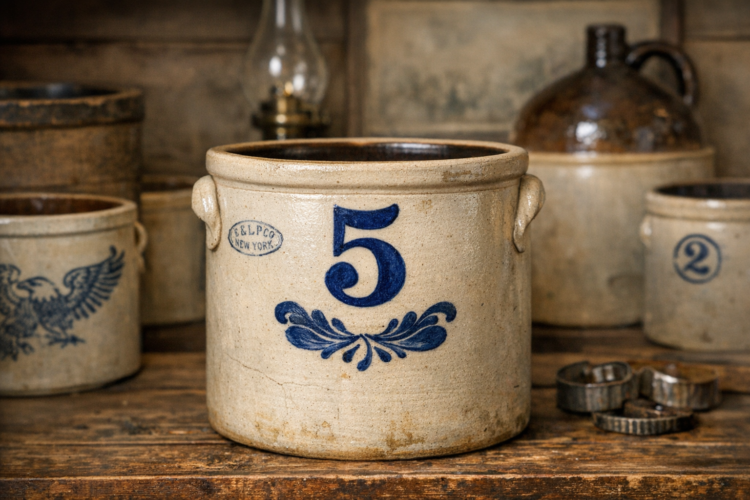 Antique 20 gallon crock value reference with maker marks, cobalt decoration, capacity mark, clay body, chips, cracks, repairs, photos, and condition