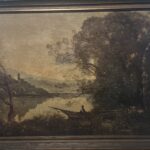 A Reproduction Painting circa late 19th Century made by Unlisted artist “Lanvler” based in “The Moored Boatman: Souvenir of an Italian Lake, 1861” painting originally made by Jean-Baptiste-Camille Corot (painter) French, 1796 – 1875