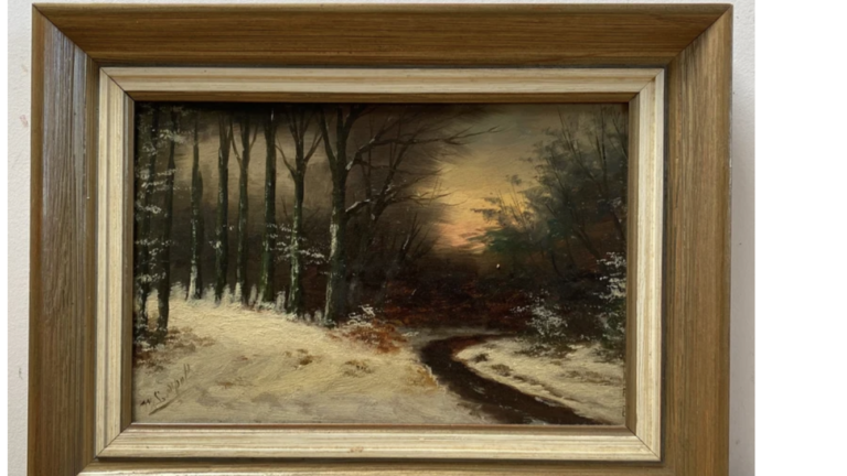 AnOriginal Oil On Panel with size 8×12 Inch by listed artist H. Louis Apol (1850-1936) Depicting a Winter Forest Landscape Painting Realistic style