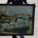 An Original Hand Made Painting Of a Boat Port Scene circa mid to late 20th Century Realistic Style Signed made by listed Artist Lee Reynolds (1936-2017)