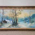 An Original Landscape Scene Attributed to Listed Artist Winslow Homer (February 24, 1836 – September 29, 1910, an American landscape painter and illustrator) 24×48 inch Framed Snow Scene Covered Snowed Farm in Field Scene circa early 20thC