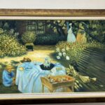 A Hand Made Reproduction Painting of the original artwork by Claude Monet titled “La Pastiche Luncheon” Depicting a Garden Scene circa 19thC With Table In Realist Style Oil on Canvas Signed M Vaxley (Listed Artist, American, active 20thC) Fine Quality Reproduction