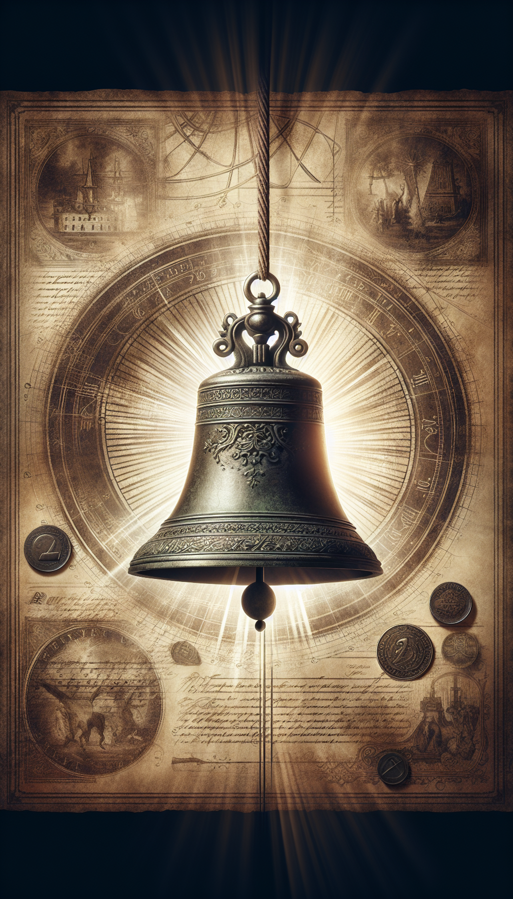 An antique cast iron bell hangs majestically in the center, framed by a faded parchment background that hosts ghostly etchings of historical events. A beam of light shines upon the bell, illuminating its intricate details, while faded coins and currency swirl around it, symbolizing its value. 

16:9