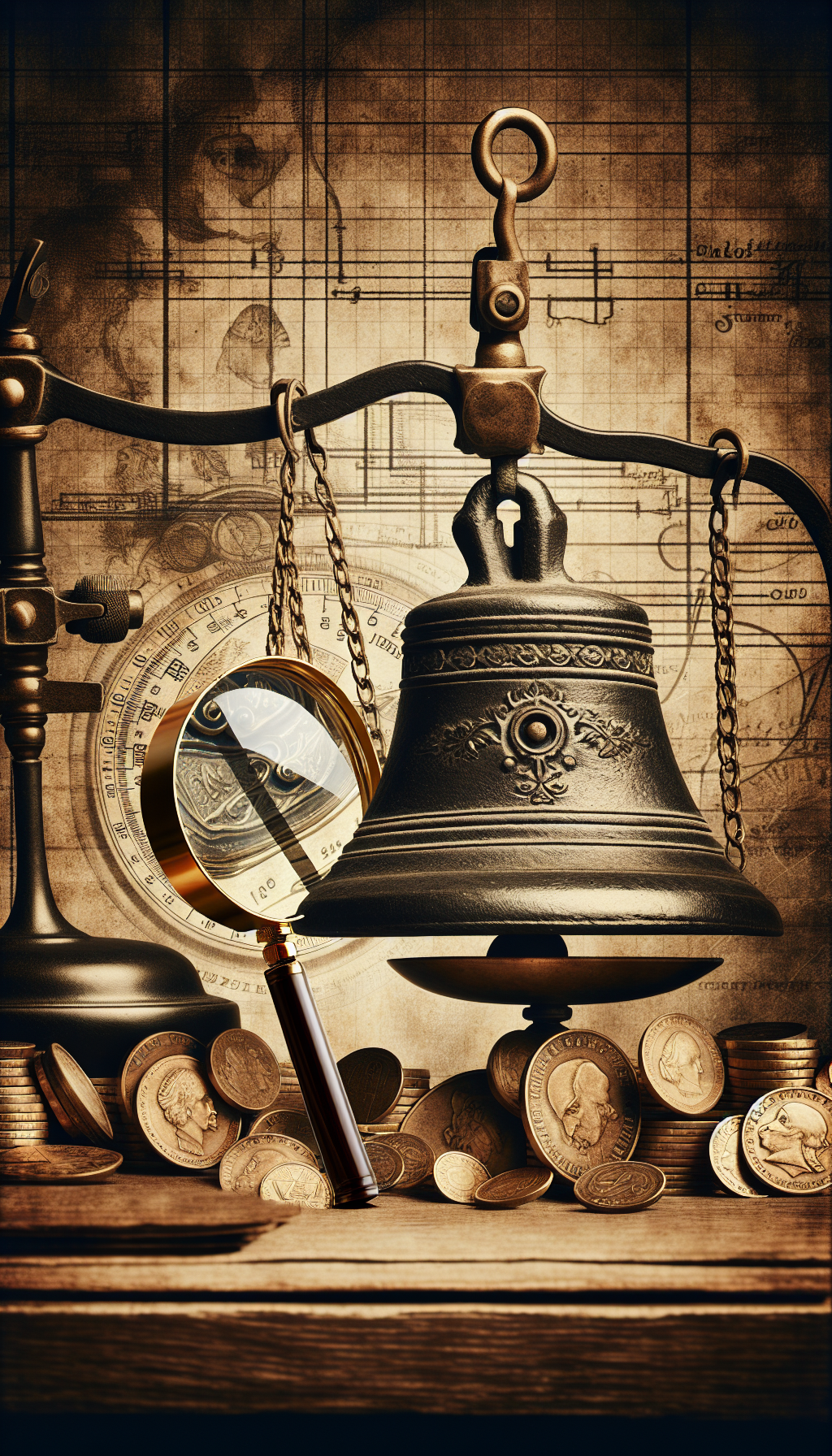 A sepia-toned sketch features a detective magnifying glass scrutinizing the intricate clapper and yoke patterns on a cast iron bell. The bell hangs from an old-fashioned scale that balances with gold coins, suggesting its value, while faded inscriptions hint at historical origin. In the background, a timeline fades into historical landmarks indicative of the bell's age.

16:9