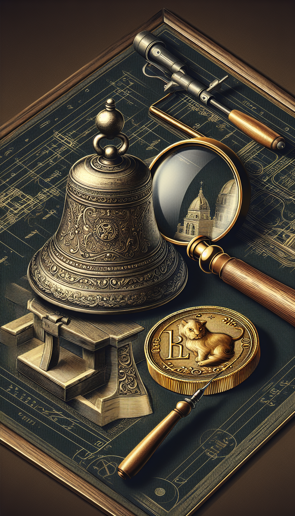 An illustration depicting an antique cast iron bell, with a magnifying glass focusing on its unique maker's mark, set against a backdrop of a golden coin and a gavel to suggest auction value. The image seamlessly blends vintage engraving style for the bell and mark, with a modern, sleek design for the coin and gavel.

16:9