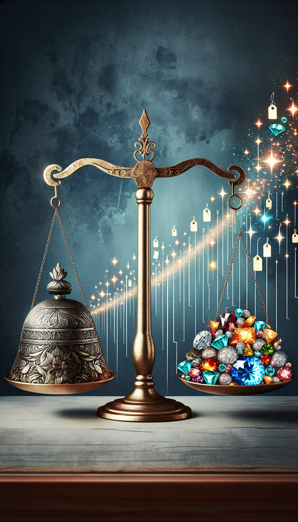 A whimsical scale balances a shiny, intricately designed antique cast iron bell on one side, with a heap of sparkling stars and rare gems on the other, symbolizing the intrinsic value of condition and rarity. The backdrop features faded price tags floating upward, emphasizing the bell's escalating worth.

16:9