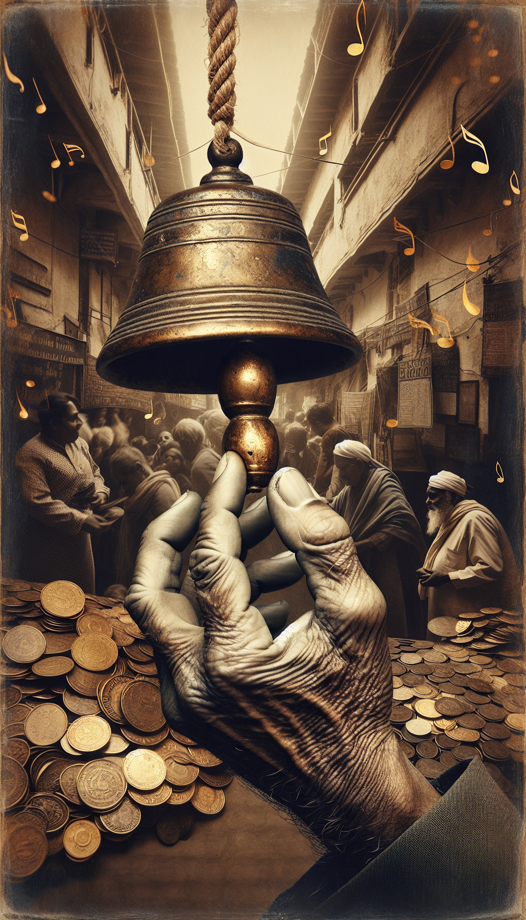 An elegantly aged hand rings a vintage cast iron bell whose clapper strikes gold coins instead of iron, symbolizing the discovery of value in the antique market. The image, rich with patina textures and sepia tones, juxtaposes the bell against a backdrop of buyers and sellers exchanging treasures, with golden notes dancing around the bell, hinting at the sound's worth. 16:9.