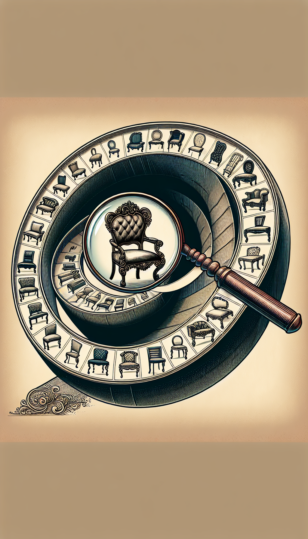 An illustration displays a spiraling timeline unfurling like a scroll, dotted with iconic chairs representing various historic styles. At the base, a magnifying glass hovers over an ornate Victorian armchair, symbolizing the antique chair identification guide. Beneath the glass, intricate details and style cues are subtly highlighted and labeled.

16:9