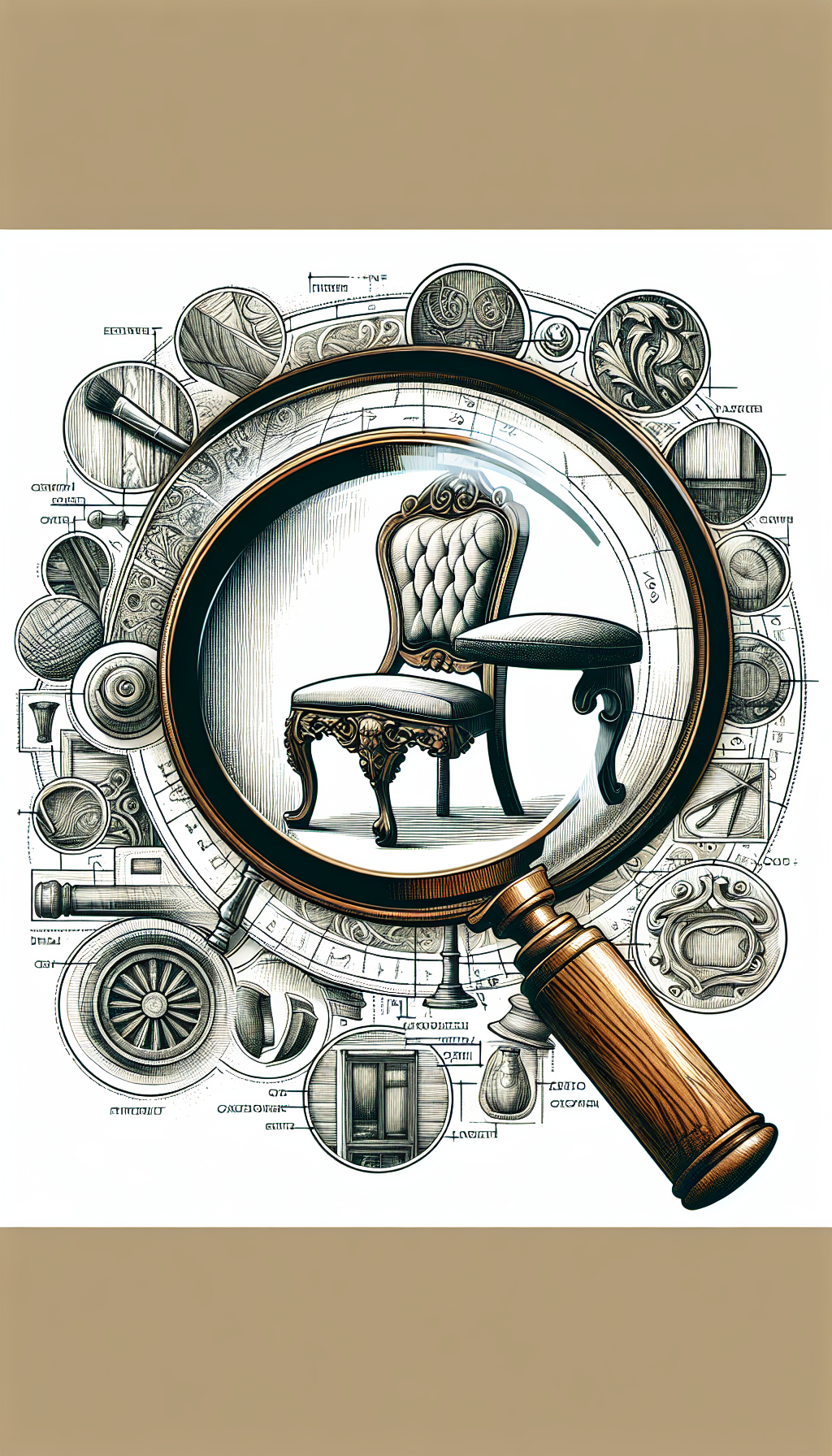 An intricately detailed illustration depicts a magnifying glass hovering over an antique chair, with highlighted features such as unique wood grain, signature carvings, and historical maker's marks. Each aspect is labeled with elegant script. The background fades into various styles, from line art to watercolor, emphasizing different craftsmanship elements. Image format: 4:3.