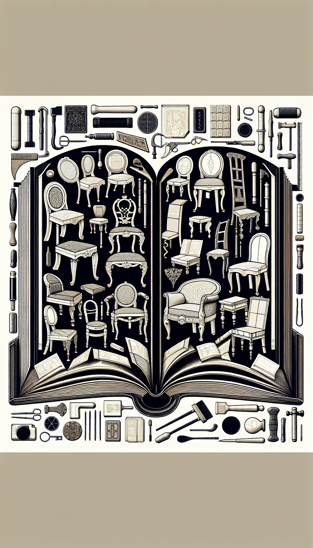 The illustration depicts an open, ancient tome with its pages morphing into a range of detailed transparent chair silhouettes, showcasing different historical periods. Each chair is annotated with fine lines pointing to materials and techniques such as ornate carving, joinery, and upholstery. Various tools used in chair making are subtly integrated around the edges of the book. 

16:10