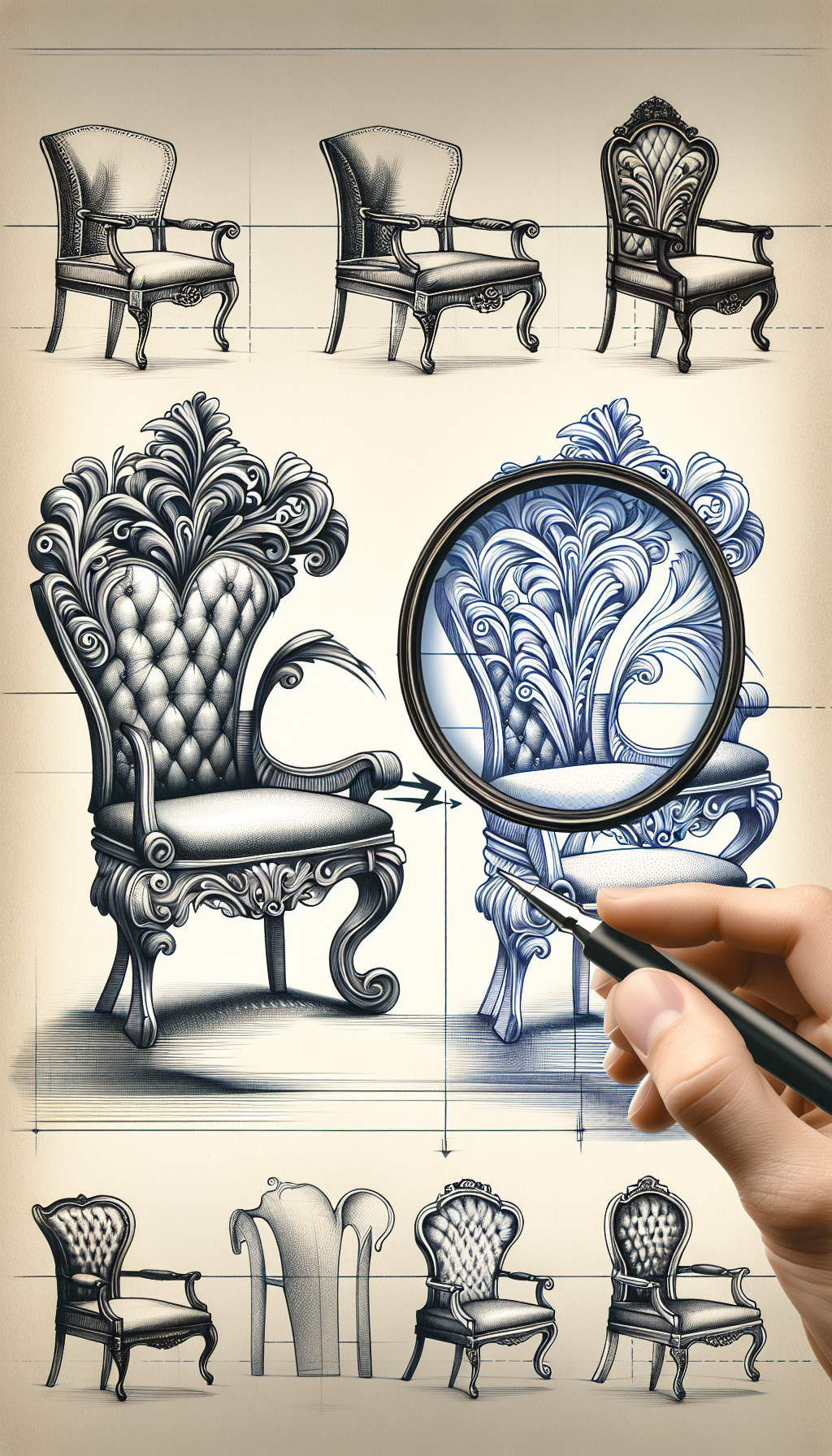 An elegant drawing showcases a transition from an ornate Rococo chair with intricate carvings and curves to a simpler, yet stately Regency chair with clean lines. In between, a magnifying glass hovers, symbolizing the antique chair identification guide, with stylistic details transitioning underneath its lens. 

16:9