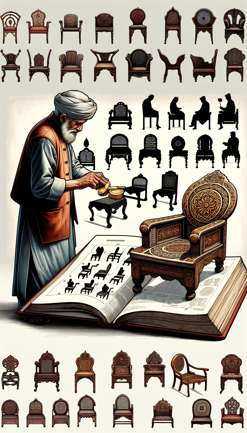 An illustrated elderly person carefully applying beeswax to a majestic, ornate antique chair, the grain and craftsmanship highlighted with loving detail. Beside him, an open book depicts silhouettes of various chair styles, each with a clear label, suggesting it's an identification guide. The image is framed by delicate vintage patterns to evoke nostalgia.

16:9