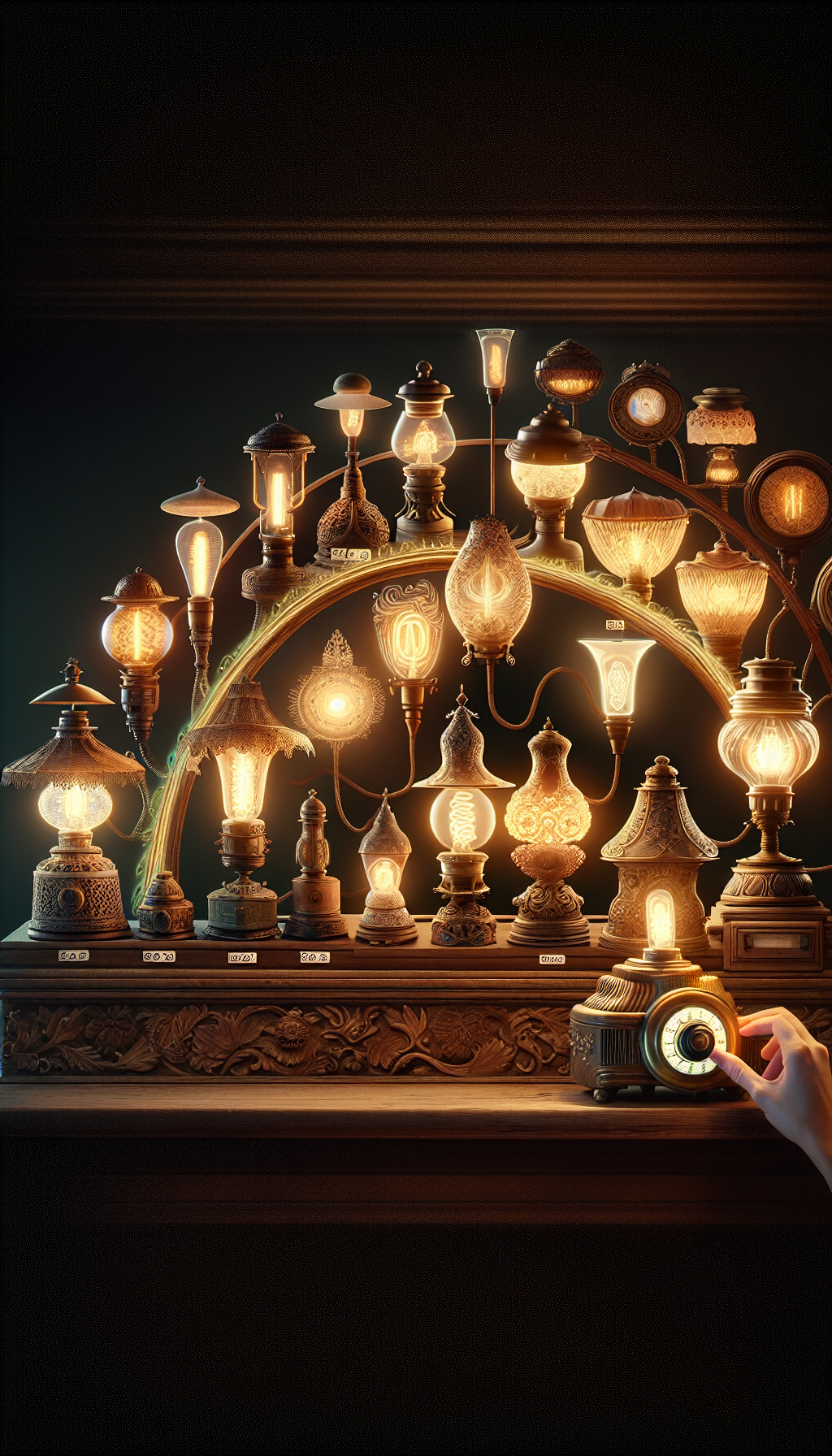A whimsical timeline unfurls in the image, winding through era-specific scenes with ornate electric hurricane lamps casting warm glows. At the front, a hand turns a dial, transitioning the lamps from vintage to antique, their intricate details and patinas intensifying, symbolizing the rising value of antiques over time. The piece culminates in an opulent, illuminated display case showcasing a particularly valuable specimen.

16:9