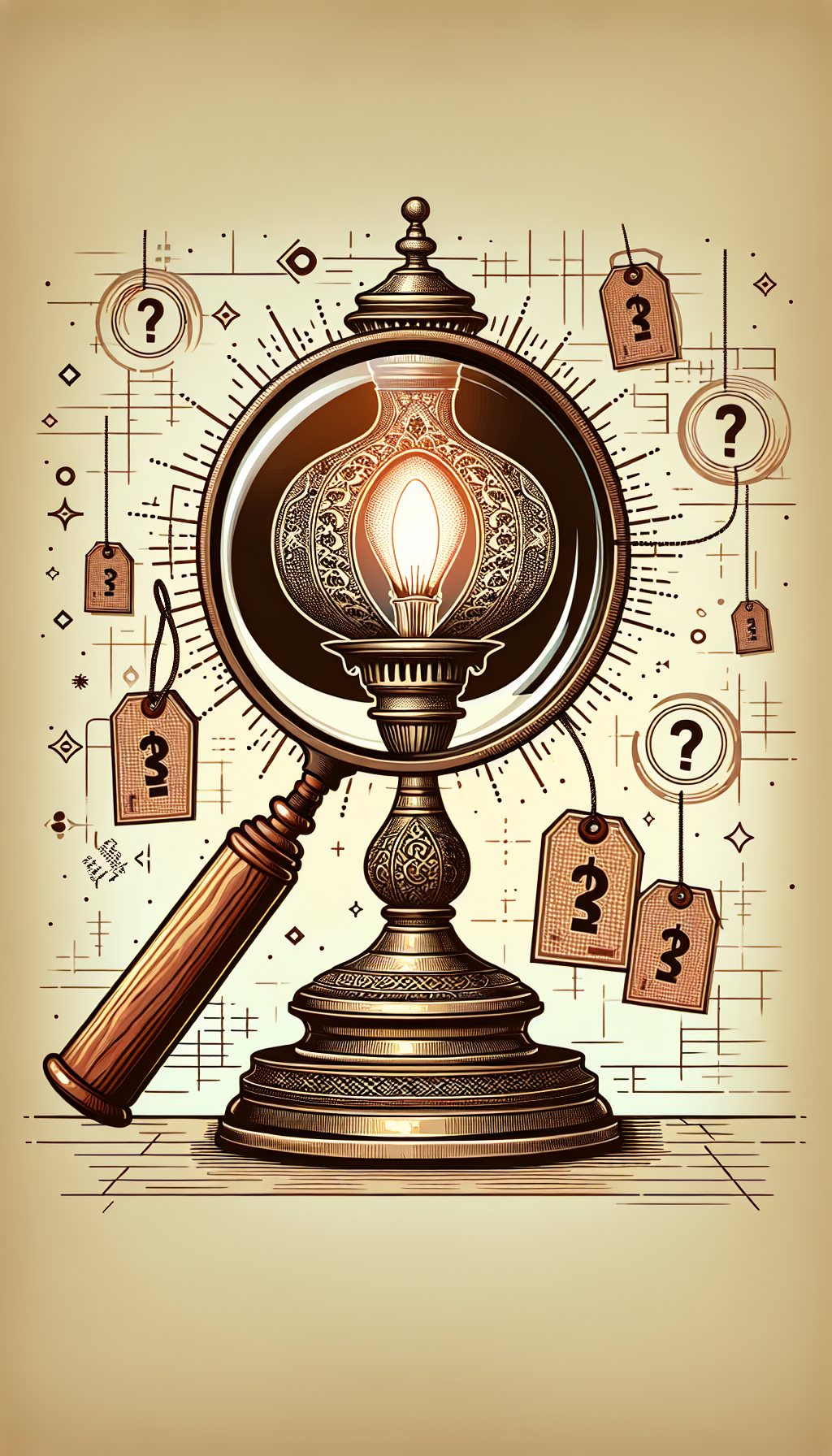 An illustration depicting a magnifying glass highlighting specific features on an intricately designed antique electric hurricane lamp, with symbols like authenticity ticks and question marks floating around it. The lamp sits atop a pedestal with price tags showing increasing values, subtly hinting at its worth. Image format: 4:3.