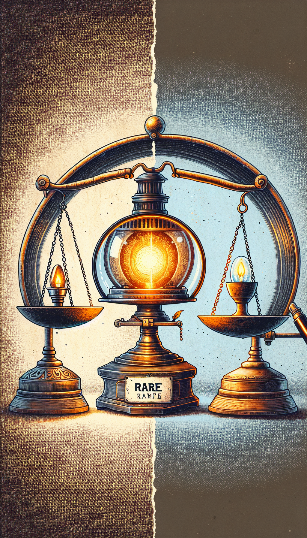 An illustrated split-screen showcasing an immaculate antique electric hurricane lamp on one side, with a radiant glow and a 'rare' label, contrasted against a tarnished, less rare lamp on the other, beneath a magnifying glass highlighting flaws. A value scale balances them, tilting towards the pristine lamp. Image format: 16:9.