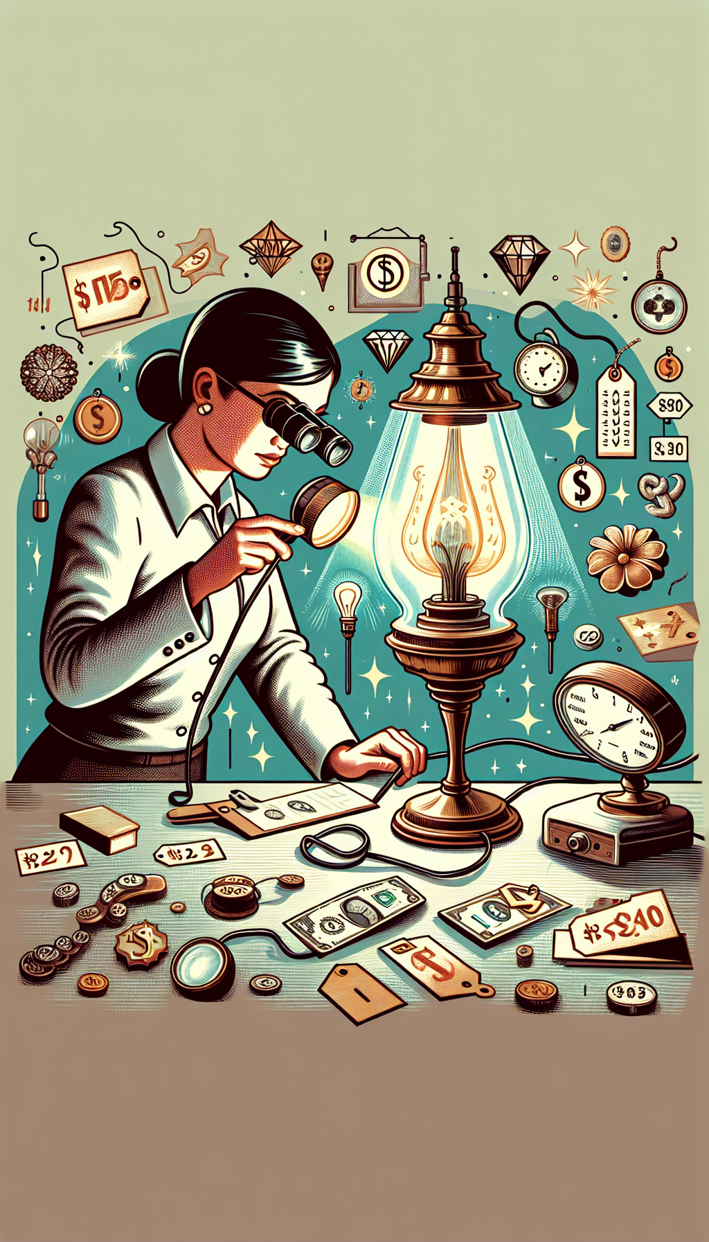 A vintage-styled illustration features an expert appraiser examining a glowing electric hurricane lamp with a jeweler's loupe, surrounded by smaller images of price tags, decade markers, and classic ornamental motifs, symbolizing the valuation process. The lamp's light projects whimsical shadows that shape monetary symbols, subtly indicating its hidden value.

16:10