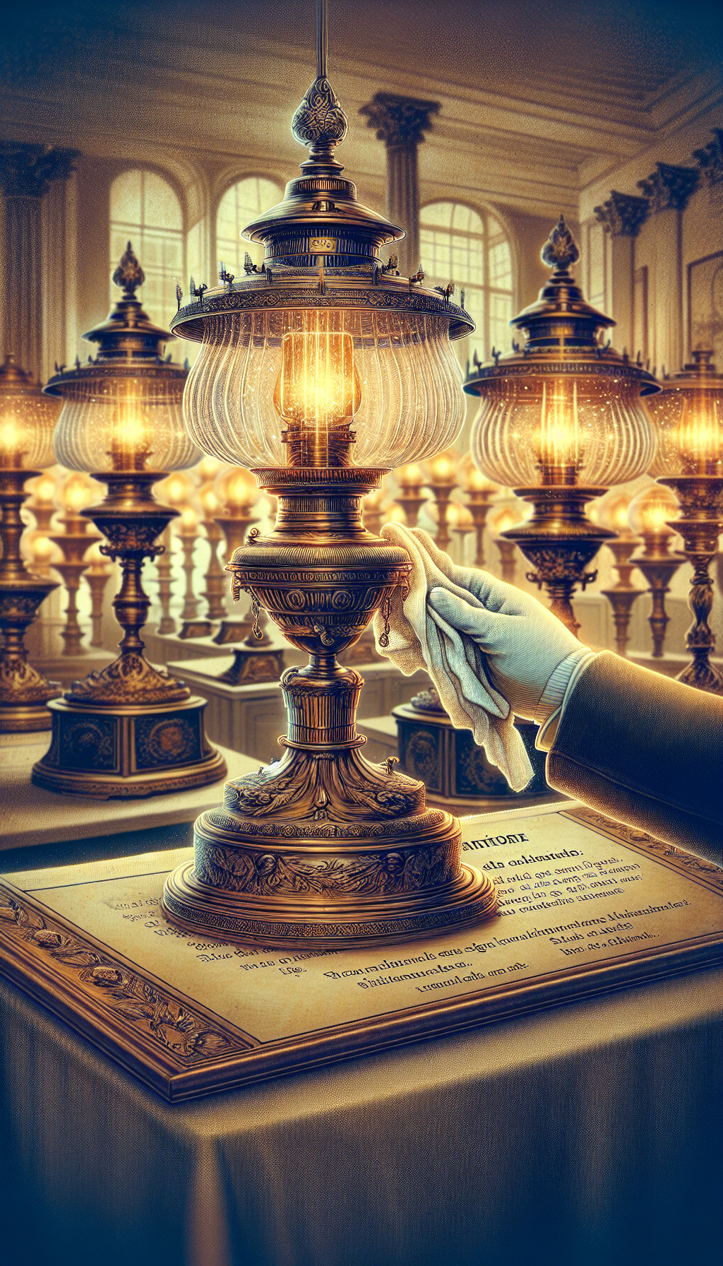 An elegantly detailed drawing showcases an array of antique electric hurricane lamps, restored to their original luster, being carefully dusted by white-gloved hands. In the background, a soft-focus gallery displays these glowing treasures on ornate pedestals with placards detailing care instructions, while a shimmering light casts a warm, inviting ambiance. Image format: 4:3.