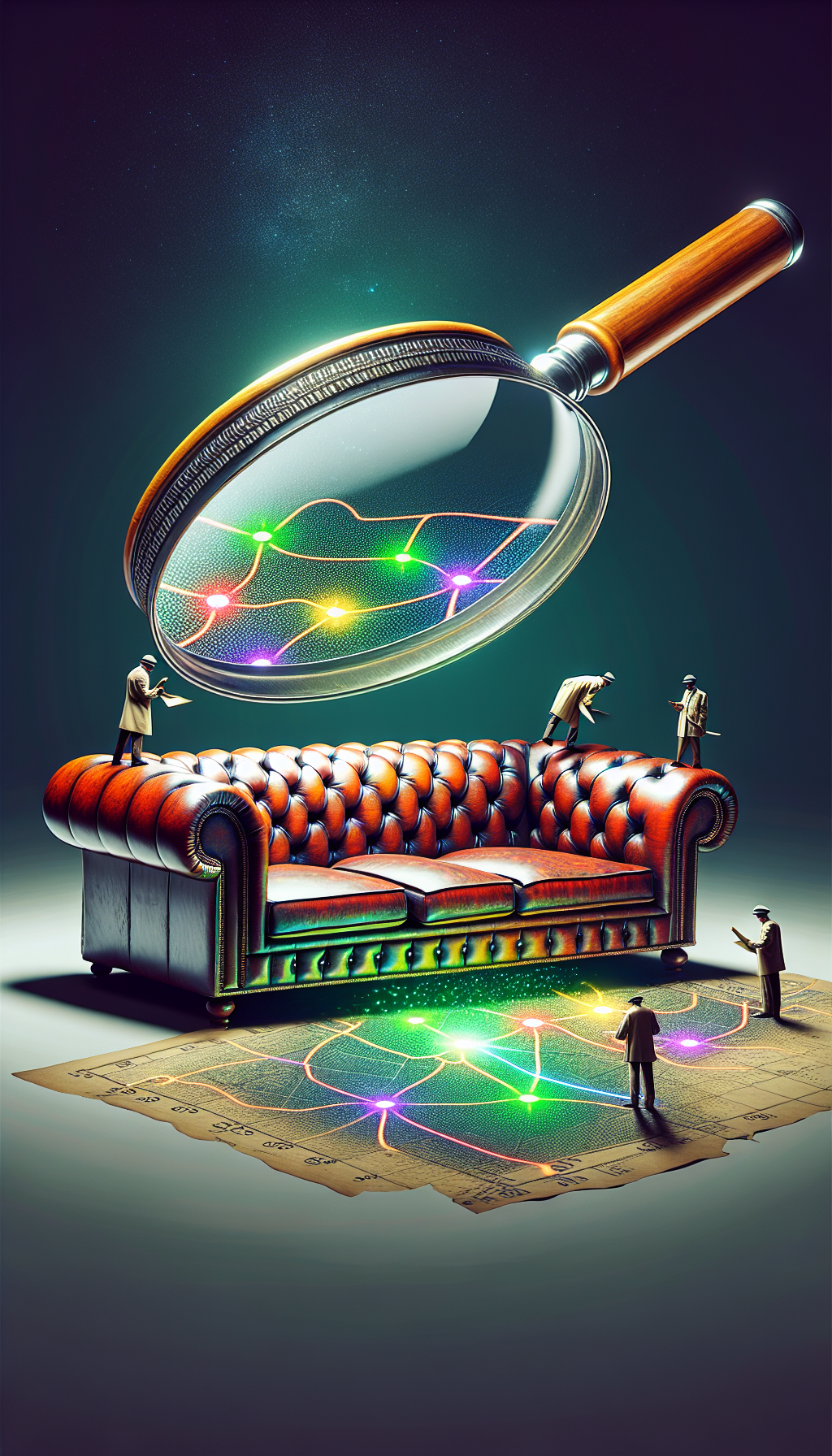An illustration depicts a magnifying glass hovering over a classic Chesterfield sofa, where miniature local appraisers, like detectives, are examining the upholstery and woodwork. The magnifying glass projects a bright map beneath it, highlighting nearby locations with glowing dots, symbolizing the search for 'antique furniture appraisal near me.' The style alternates between detailed realism for the magnifying glass and charming, abstract representations for the appraisers and map.