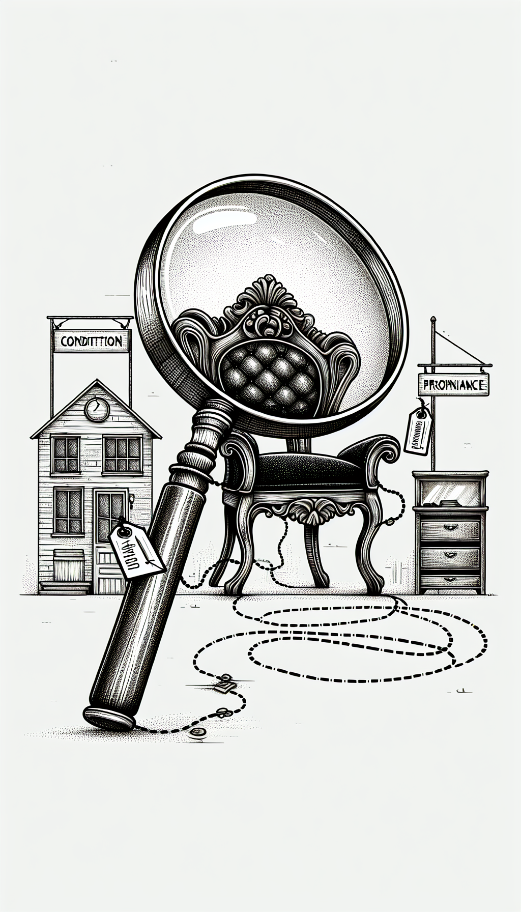 A whimsical line drawing depicts a magnifying glass poised over an ornate antique chair, with various tags labeled 'Condition', 'Authenticity', and 'Provenance' hanging off its carved armrests. A dotted path leads from the chair to a storefront with a sign reading 'Local Appraisals', symbolizing the journey of preparation and discovery in the furniture appraisal process.