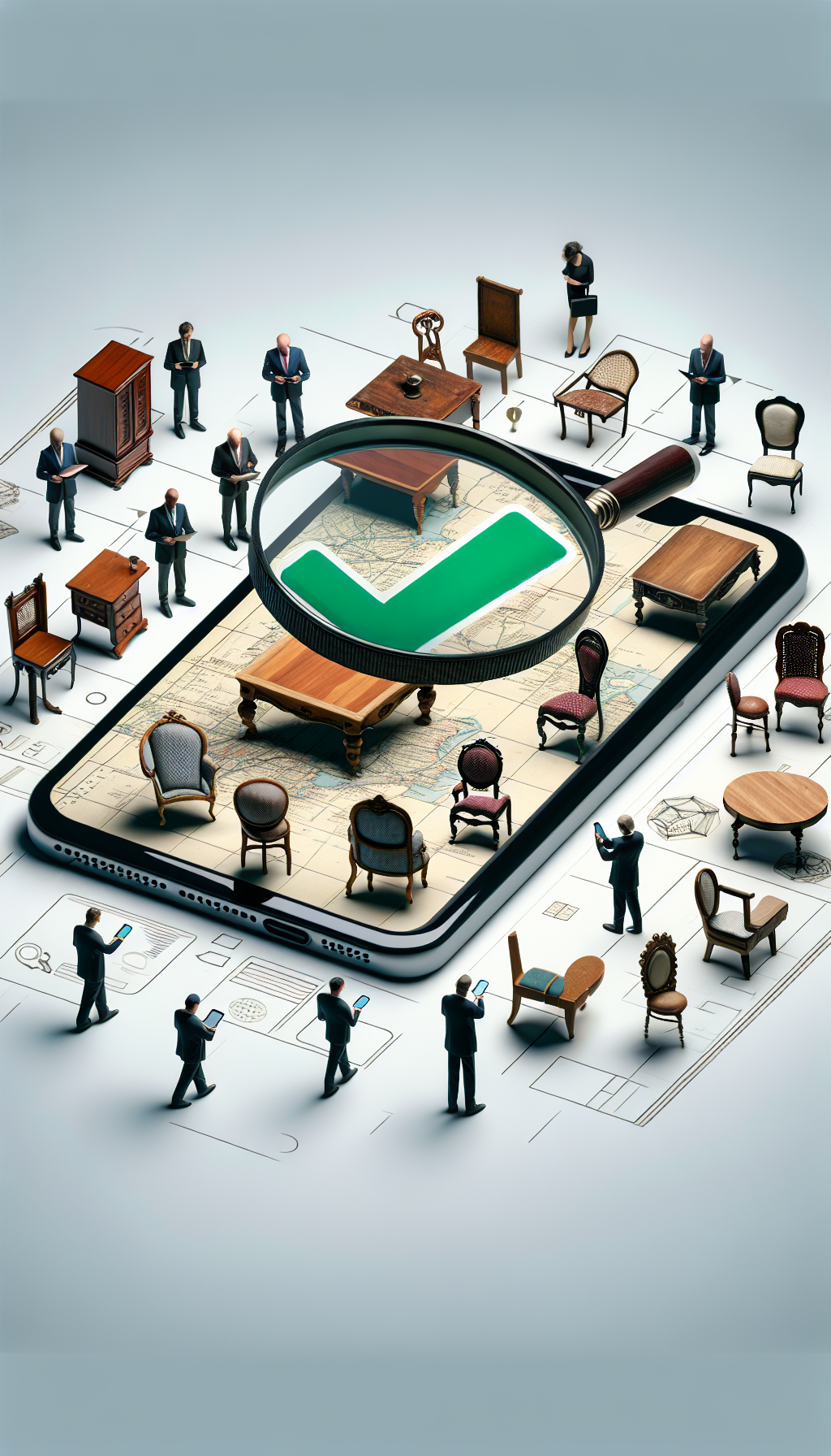 An illustration featuring a magnifying glass hovering over a stylized map dotted with vintage chairs and tables, under which professional appraisers with badges of certification mill about. The magnifying glass reflects a checkmark symbol, signifying trust, while the map connects to a smartphone showing 'antique furniture appraisal near me', blending modern tech with traditional expertise.