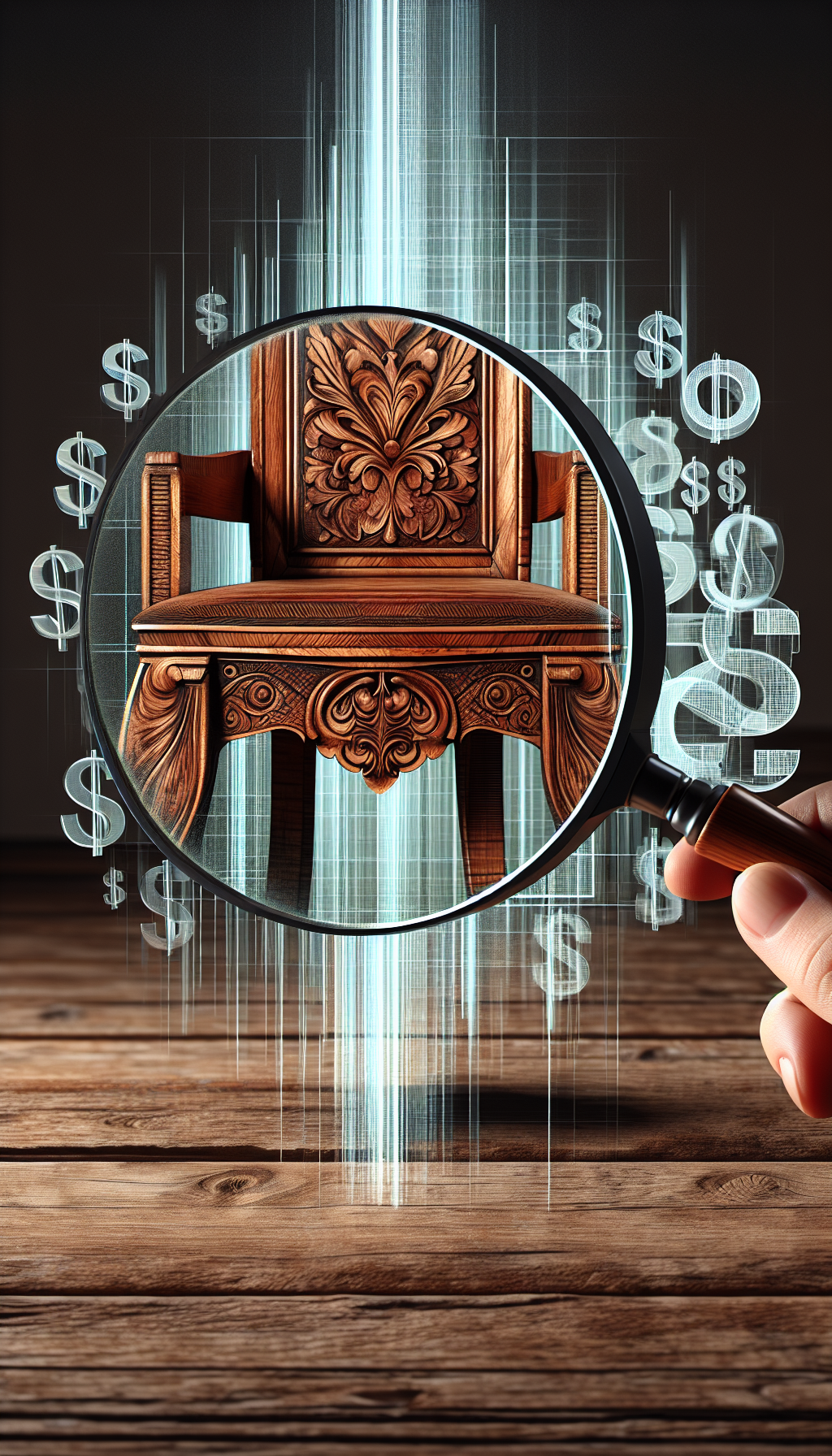 An illustration of a magnifying glass held over a splendid, richly-detailed wooden antique chair, with subtle glows signifying points of interest—wood grain patterns, ornate carvings, dovetail joints, and period-specific design elements. Beneath the magnified areas, translucent dollar figures gently rise, symbolizing the assessment and valuation of the piece's age and craftsmanship.