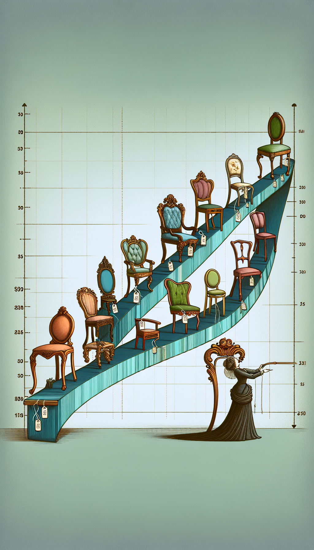An illustration featuring a whimsical timeline ribbon that flows across the scene, adorned with iconic chairs representing different periods (Queen Anne, Victorian, Art Nouveau, etc.). The chairs grow taller like a bar graph as the timeline progresses, symbolizing the increase in antique furniture values over time, with price tags attached to show their escalating worth.