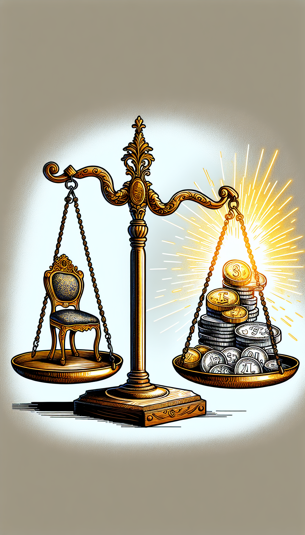 A whimsical balance scale with one side holding a pristine antique chair radiating a golden glow (symbolizing high authenticity and condition), while the other side has a stack of vintage coins and currency (indicating value). The balance tilts favorably towards the chair, illustrating that superior condition and authenticity weigh more in determining antique furniture values. Each object is drawn in contrasting styles – the chair in intricate line art, the currency in bold, colorful pop art.
