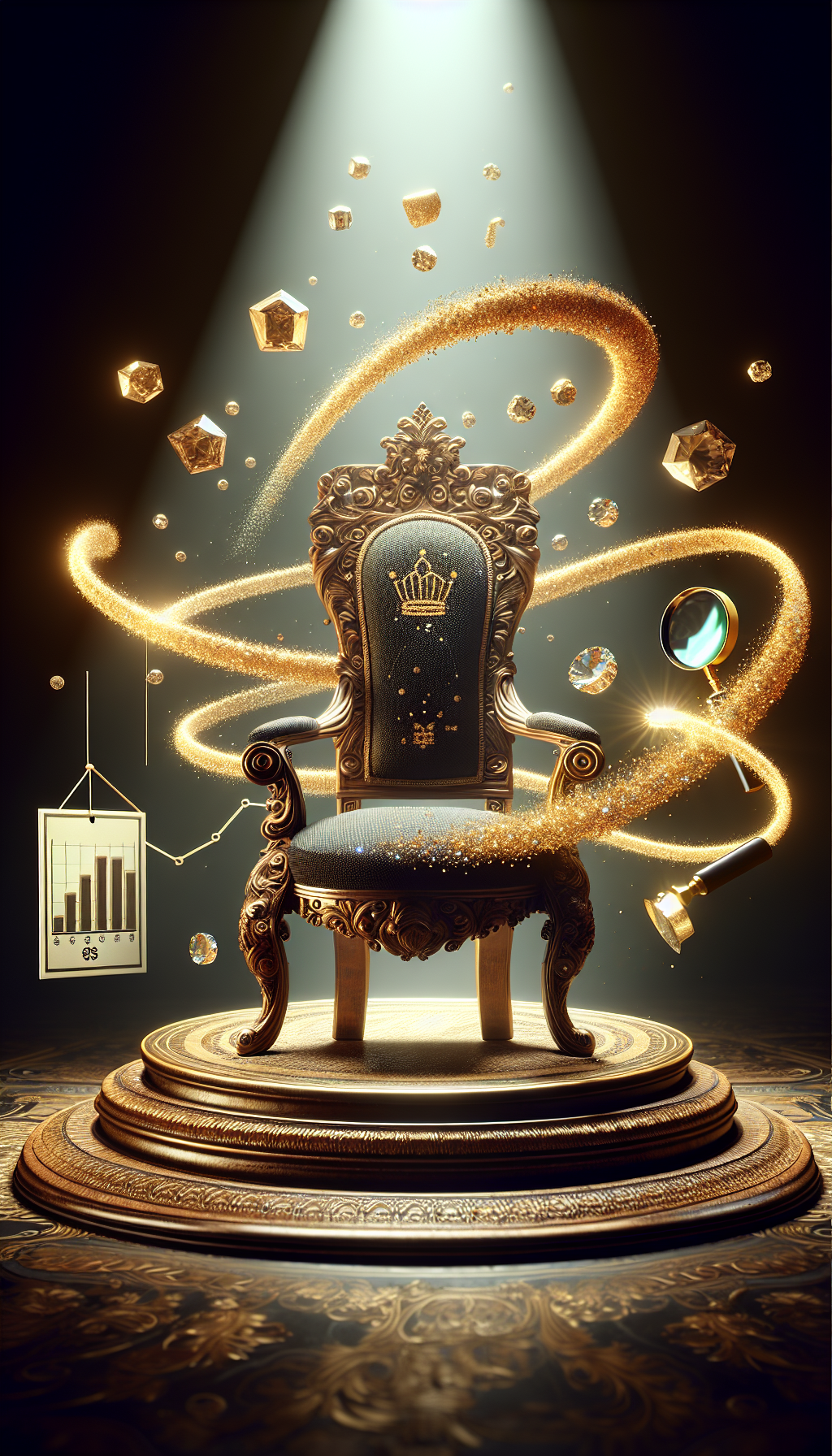 An opulent, intricately carved antique chair stands spotlighted atop a regal pedestal, with shimmering gold dust spiraling upward to form rare gemstones and a noble family crest, symbolizing provenance. A magnifying glass hovers beside, hinting at the meticulous scrutiny of authenticity, while a tag dangles off the chair with a soaring graph line indicating escalating value.