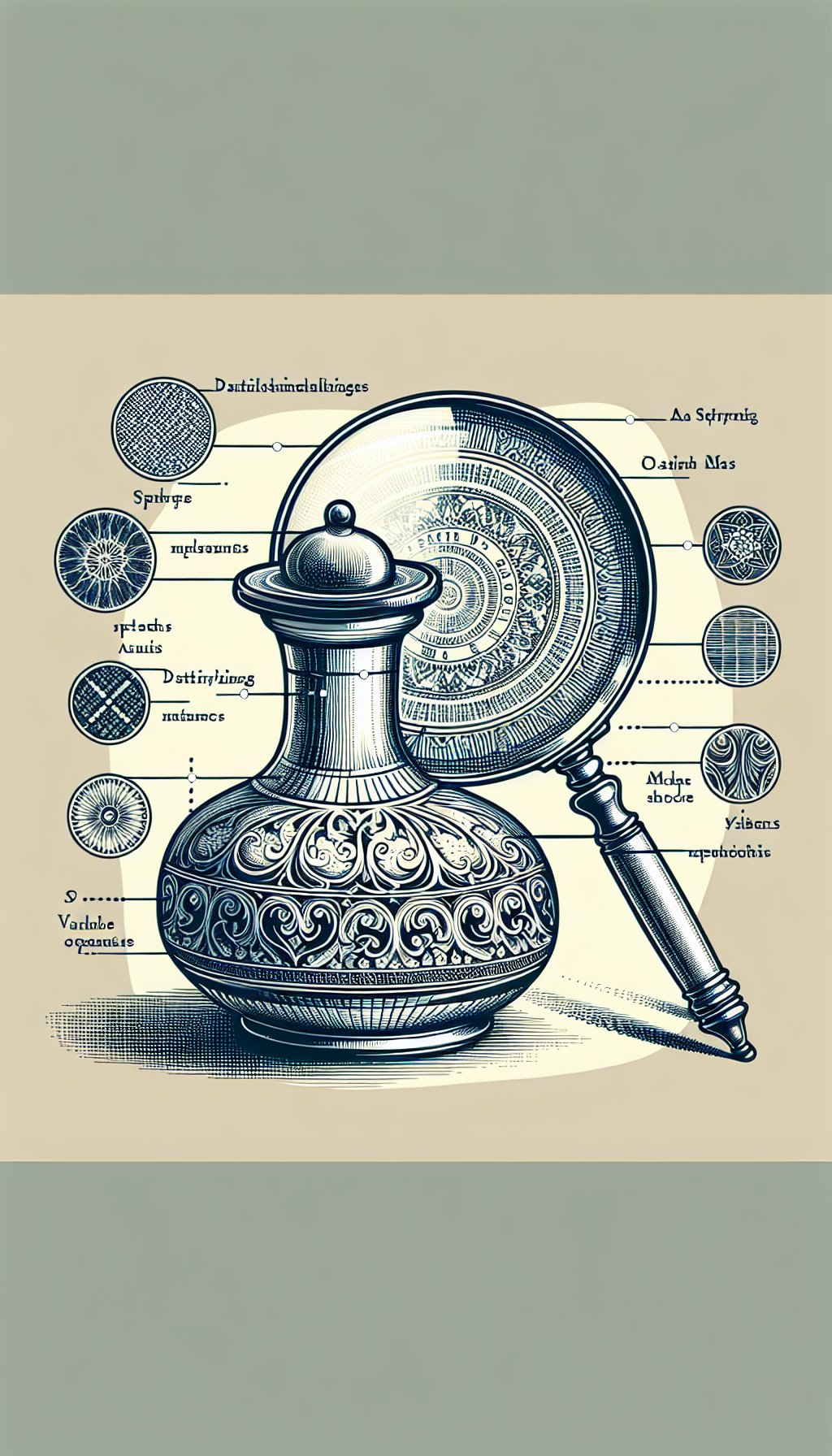 An illustration displays a Sherlock Holmes-inspired magnifying glass hovering over an intricately designed antique glass decanter. Inside the magnifying lens, detailed inscriptions and maker's marks come into crisp focus, symbolizing the precision of dating methodologies, while the varying opacity and stylized patterns outside the lens hint at the mysterious history of the decanter's origins.