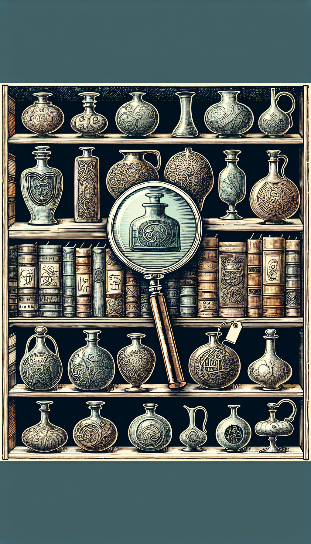 An intricate illustration featuring a library of antique decanters, each with a distinct silhouette and color palette, artistically labeled with calligraphic tags. A magnifying glass hovers over one, revealing etched patterns and a maker's mark, symbolizing identification. The styles vary from stained glass to pencil sketches, reflecting the diversity and history behind each unique decanter.