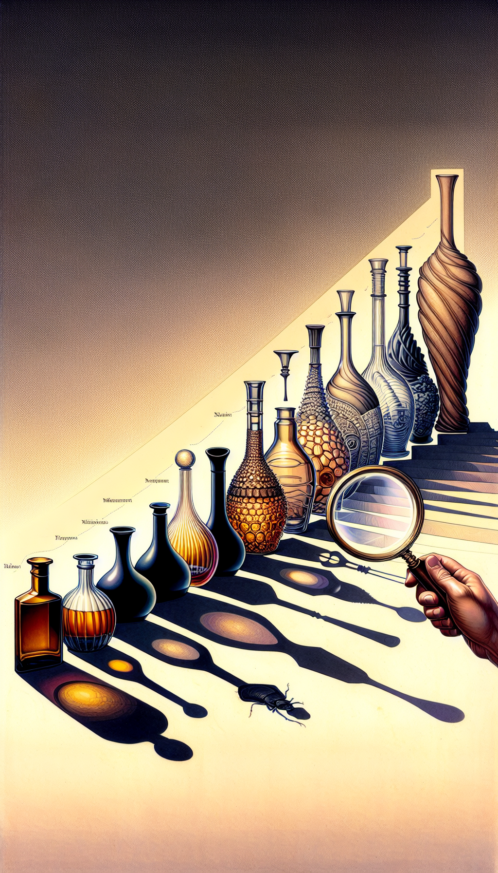 A visual timeline showcasing the transformation of decanters, where the left side begins with rudimentary, functional shapes, flowing into ornate, intricate designs on the right. Each decanter casts a shadow labeled with identifying antique traits. Styles transition from minimalist to baroque, and the final piece is a magnifying glass over a classic bottle, symbolizing the scrutiny in identification.